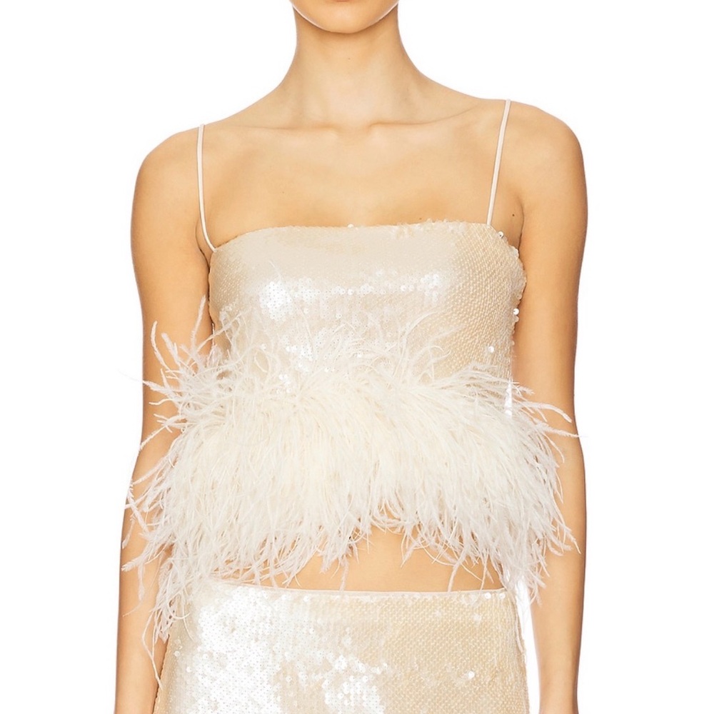 L'Academie Champagne Sequin Feather Slip Dress